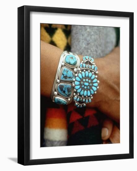 Close Up of Wrist Modeling Turquoise Bracelets Made by Native Americans-Michael Mauney-Framed Photographic Print