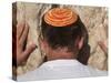 Close Up of Young Man with Bright Yarmulka Praying at Western Wall, Old City, Jerusalem, Israel-Eitan Simanor-Stretched Canvas