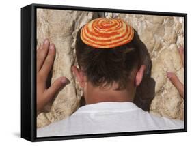 Close Up of Young Man with Bright Yarmulka Praying at Western Wall, Old City, Jerusalem, Israel-Eitan Simanor-Framed Stretched Canvas