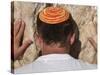 Close Up of Young Man with Bright Yarmulka Praying at Western Wall, Old City, Jerusalem, Israel-Eitan Simanor-Stretched Canvas