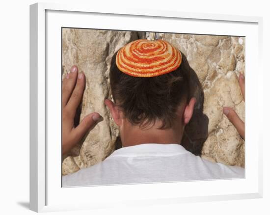 Close Up of Young Man with Bright Yarmulka Praying at Western Wall, Old City, Jerusalem, Israel-Eitan Simanor-Framed Photographic Print