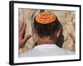 Close Up of Young Man with Bright Yarmulka Praying at Western Wall, Old City, Jerusalem, Israel-Eitan Simanor-Framed Photographic Print