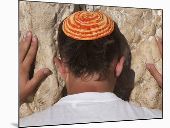 Close Up of Young Man with Bright Yarmulka Praying at Western Wall, Old City, Jerusalem, Israel-Eitan Simanor-Mounted Photographic Print