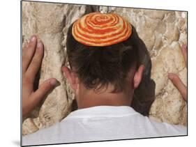 Close Up of Young Man with Bright Yarmulka Praying at Western Wall, Old City, Jerusalem, Israel-Eitan Simanor-Mounted Photographic Print