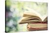 Close up on Old Book on Colorful Bokeh Background-melis-Stretched Canvas