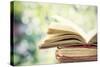 Close up on Old Book on Colorful Bokeh Background-melis-Stretched Canvas