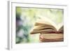 Close up on Old Book on Colorful Bokeh Background-melis-Framed Photographic Print