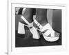 Close-Up Photograph of Feet in a Pair of White Platform Sandals-null-Framed Photographic Print