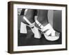 Close-Up Photograph of Feet in a Pair of White Platform Sandals-null-Framed Photographic Print