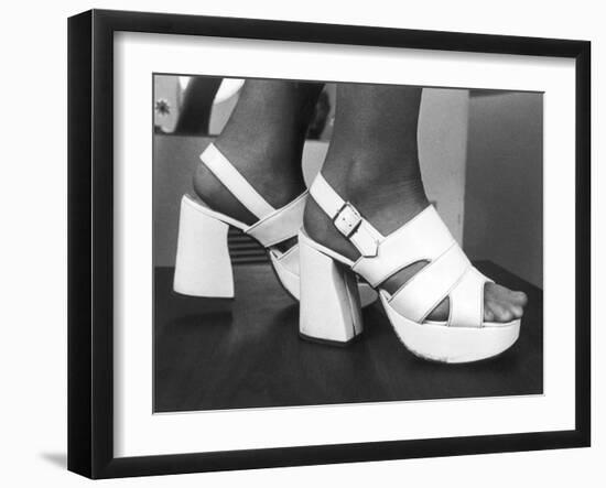 Close-Up Photograph of Feet in a Pair of White Platform Sandals-null-Framed Photographic Print