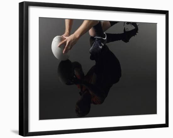 Closeup Low Section and Reflection of a Rugby Player Kneeling on One Knee with Ball-Nosnibor137-Framed Premium Photographic Print