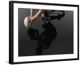 Closeup Low Section and Reflection of a Rugby Player Kneeling on One Knee with Ball-Nosnibor137-Framed Premium Photographic Print