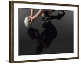 Closeup Low Section and Reflection of a Rugby Player Kneeling on One Knee with Ball-Nosnibor137-Framed Photographic Print