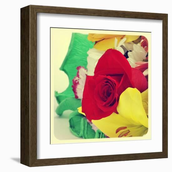 Closeup Of A Flower Bouquet With Roses, Daisies, Carnations And Other Flowers, With A Retro Effect-nito-Framed Art Print