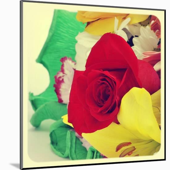 Closeup Of A Flower Bouquet With Roses, Daisies, Carnations And Other Flowers, With A Retro Effect-nito-Mounted Art Print