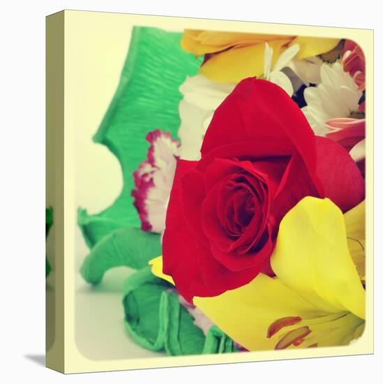 Closeup Of A Flower Bouquet With Roses, Daisies, Carnations And Other Flowers, With A Retro Effect-nito-Stretched Canvas