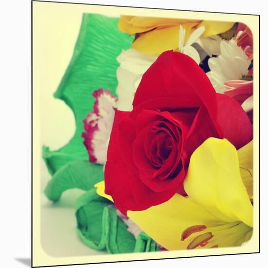 Closeup Of A Flower Bouquet With Roses, Daisies, Carnations And Other Flowers, With A Retro Effect-nito-Mounted Premium Giclee Print