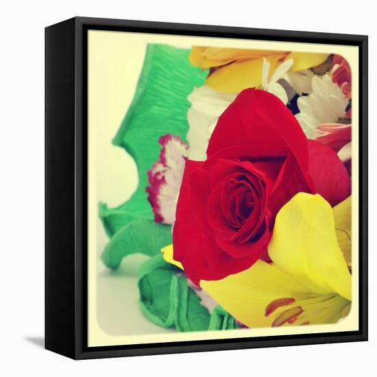 Closeup Of A Flower Bouquet With Roses, Daisies, Carnations And Other Flowers, With A Retro Effect-nito-Framed Stretched Canvas
