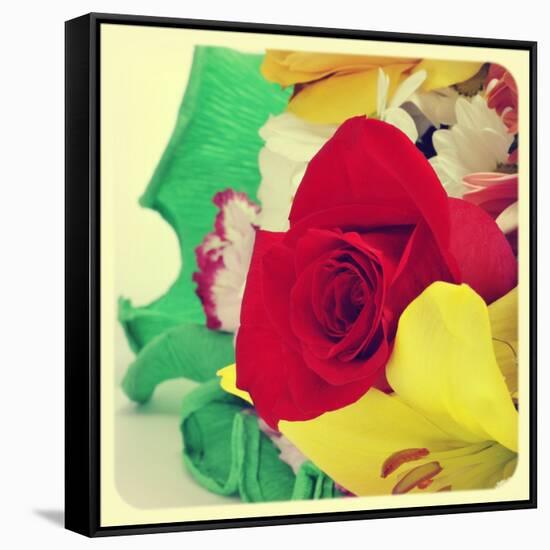 Closeup Of A Flower Bouquet With Roses, Daisies, Carnations And Other Flowers, With A Retro Effect-nito-Framed Stretched Canvas