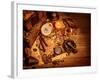 Closeup of Pirates Booty on Wooden Table, Cigars Smoke, Glass of Wine, Map with Way to Search Treas-Anna Omelchenko-Framed Photographic Print