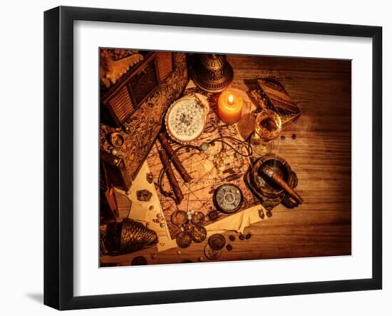 Closeup of Pirates Booty on Wooden Table, Cigars Smoke, Glass of Wine, Map with Way to Search Treas-Anna Omelchenko-Framed Photographic Print