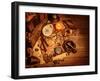 Closeup of Pirates Booty on Wooden Table, Cigars Smoke, Glass of Wine, Map with Way to Search Treas-Anna Omelchenko-Framed Photographic Print