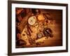 Closeup of Pirates Booty on Wooden Table, Cigars Smoke, Glass of Wine, Map with Way to Search Treas-Anna Omelchenko-Framed Photographic Print