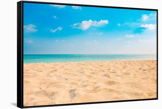 Closeup of Sand on Beach and Blue Summer Sky. Panoramic Beach Landscape. Empty Tropical Beach and S-icemanphotos-Framed Stretched Canvas