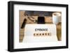 Closeup on Notebook over Wood Table Background, Focus on Wooden Blocks with Letters Making Embrace-stanciuc-Framed Photographic Print