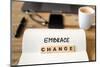 Closeup on Notebook over Wood Table Background, Focus on Wooden Blocks with Letters Making Embrace-stanciuc-Mounted Photographic Print