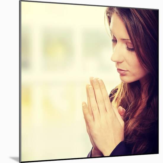 Closeup Portrait of a Young Caucasian Woman Praying-B-D-S-Mounted Photographic Print