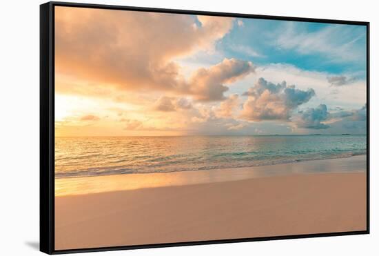 Closeup Sea Sand Beach. Panoramic Beach Landscape. Inspire Tropical Beach Seascape Horizon. Orange-icemanphotos-Framed Stretched Canvas