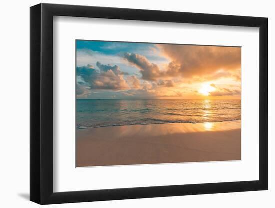 Closeup Sea Sand Beach. Panoramic Beach Landscape. Inspire Tropical Beach Seascape Horizon. Orange-icemanphotos-Framed Photographic Print