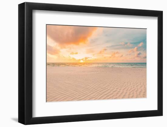 Closeup Sea Sand Beach. Panoramic Beach Landscape. Inspire Tropical Beach Seascape Horizon. Orange-icemanphotos-Framed Photographic Print