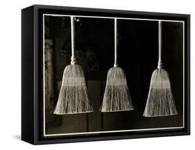 Closeup View of Three Brooms, Presumably Made by the Men of the Bourne Memorial Building, New…-Byron Company-Framed Stretched Canvas