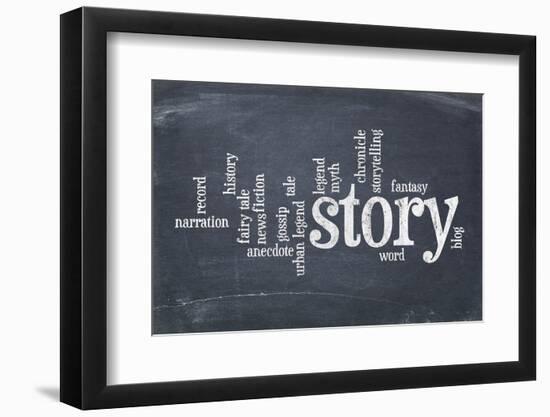 Cloud of Words Related to Story, Legend and Myth on an Old Slate Blackboard with Scratches and Whit-PixelsAway-Framed Photographic Print