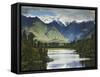 Cloud-Shrouded Mt. Cook Reflected in Lake Matheson, Near Town of Fox Glacier, South Island-Dennis Flaherty-Framed Stretched Canvas