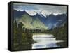 Cloud-Shrouded Mt. Cook Reflected in Lake Matheson, Near Town of Fox Glacier, South Island-Dennis Flaherty-Framed Stretched Canvas