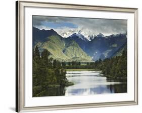 Cloud-Shrouded Mt. Cook Reflected in Lake Matheson, Near Town of Fox Glacier, South Island-Dennis Flaherty-Framed Photographic Print