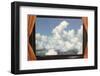 Clouds Framed by Curtains-Found Image Press-Framed Photographic Print