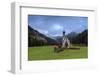 Clouds on Church of Ranui surrounded by meadows and woods in the fall, St. Magdalena, Funes Valley,-Roberto Moiola-Framed Photographic Print