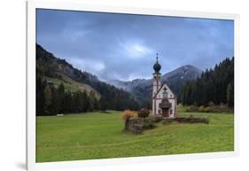 Clouds on Church of Ranui surrounded by meadows and woods in the fall, St. Magdalena, Funes Valley,-Roberto Moiola-Framed Photographic Print