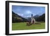 Clouds on Church of Ranui surrounded by meadows and woods in the fall, St. Magdalena, Funes Valley,-Roberto Moiola-Framed Photographic Print