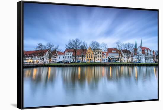 Clouds on the Typical Houses and Towers of Cathedral Reflected in River Trave at Dusk, Lubeck-Roberto Moiola-Framed Stretched Canvas