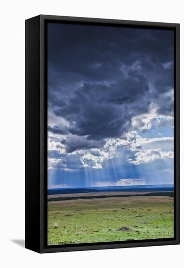 Clouds with sun rays streaming down on Masai Mara in Kenya, Africa.-Larry Richardson-Framed Stretched Canvas