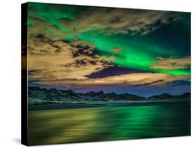 Cloudy Evening with Aurora Borealis or Northern Lights, Kleifarvatn, Iceland-null-Stretched Canvas