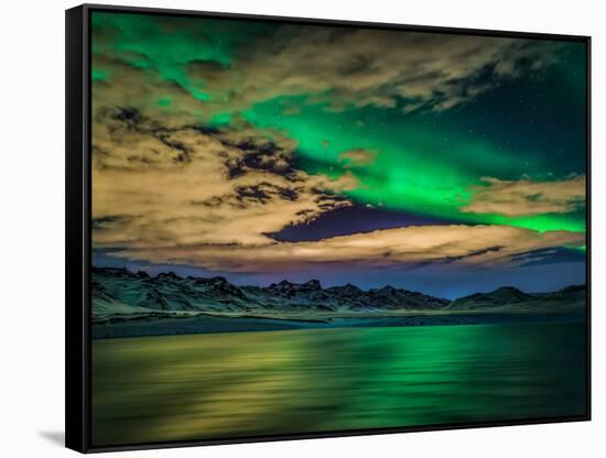 Cloudy Evening with Aurora Borealis or Northern Lights, Kleifarvatn, Iceland-null-Framed Stretched Canvas