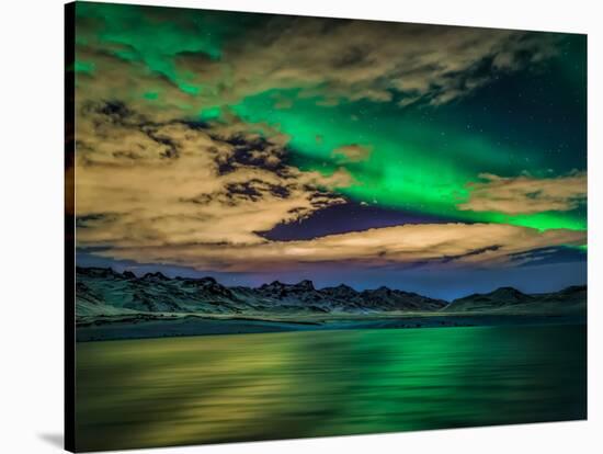 Cloudy Evening with Aurora Borealis or Northern Lights, Kleifarvatn, Iceland-null-Stretched Canvas