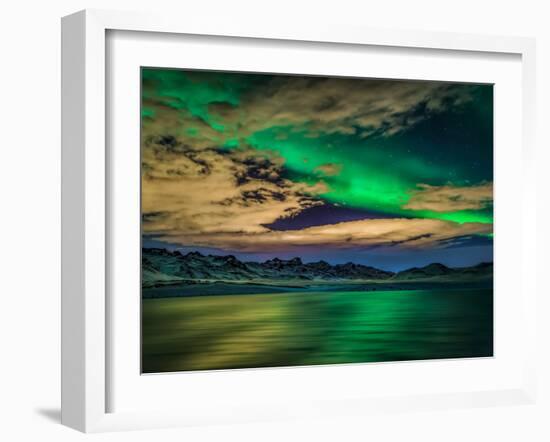 Cloudy Evening with Aurora Borealis or Northern Lights, Kleifarvatn, Iceland-null-Framed Photographic Print