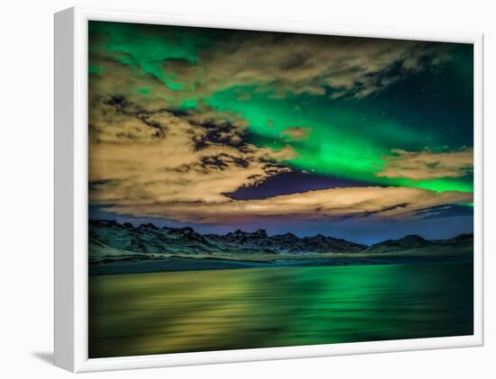 Cloudy Evening with Aurora Borealis or Northern Lights, Kleifarvatn, Iceland-null-Framed Photographic Print